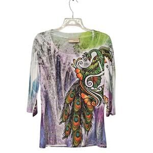 Carrie Allen Peacock Tee Blouse 3/4-Sleeve Size L Artsy Vibrant  Stretch